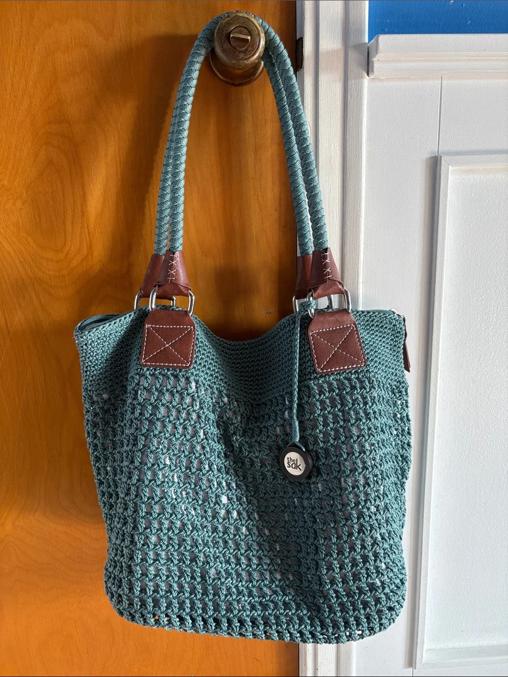 The Sak Teal Crochet Tote with Brown Leather Trim - Picture 1 of 6